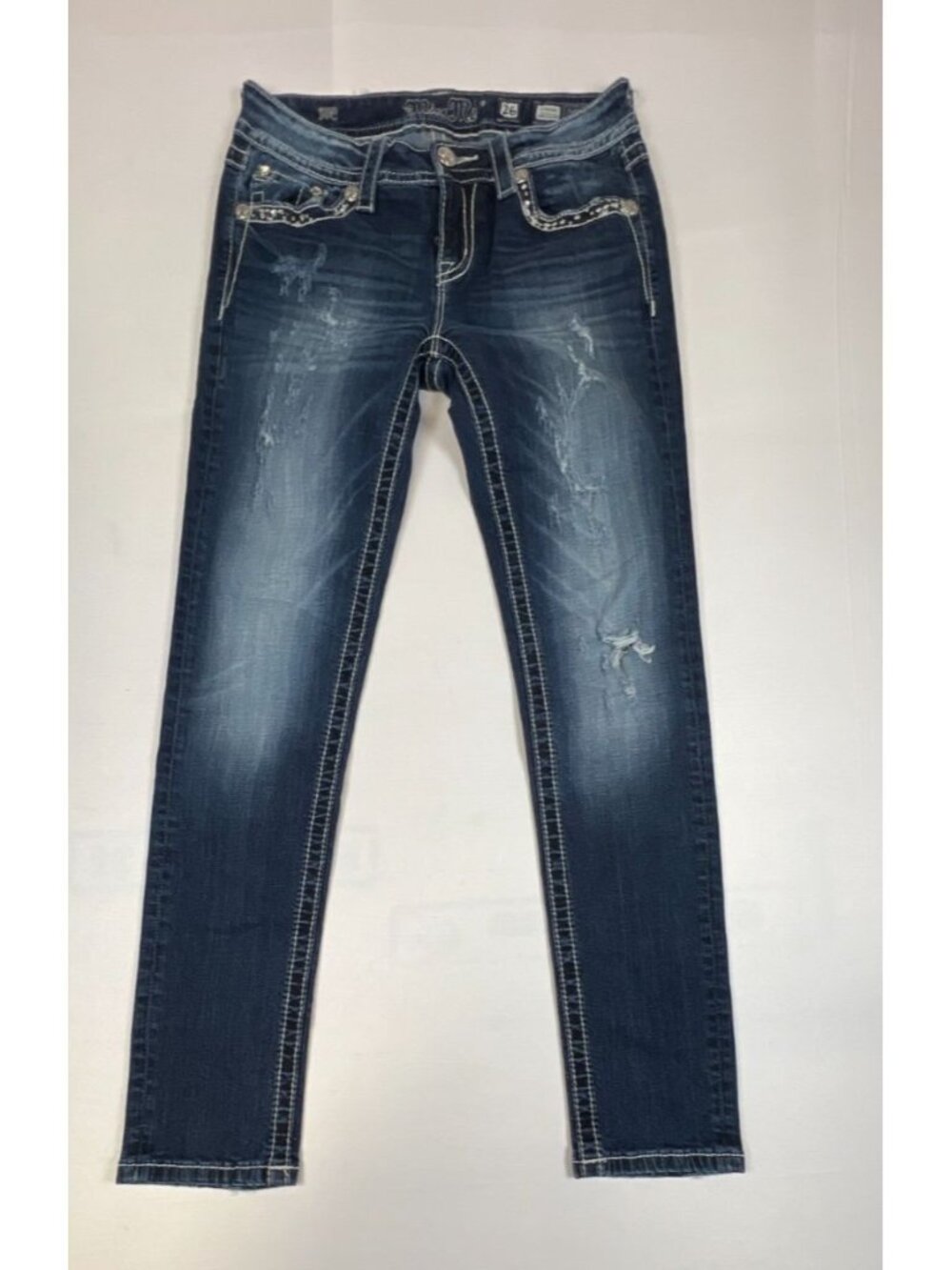 Miss Me Women 26 x 29 Ankle Skinny Blue Distressed Embellished Jeans